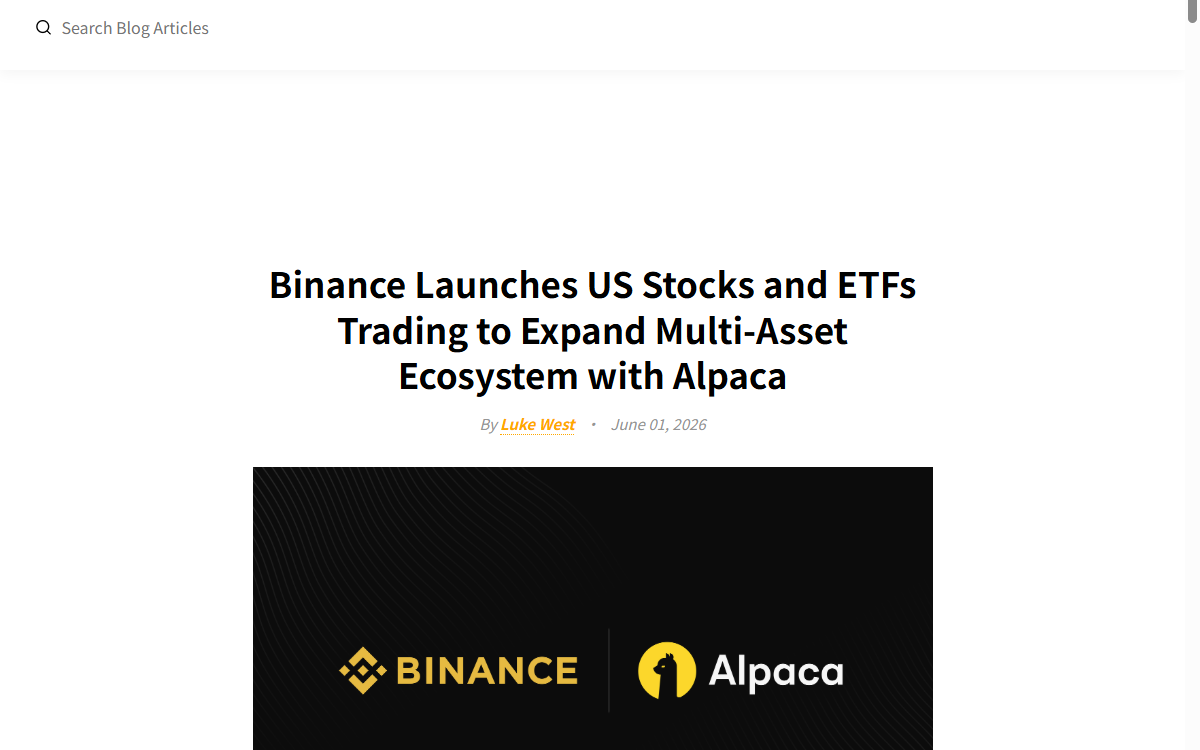 Alpaca 于 2026 年 6 月 1 日发布币安美股与 ETF 服务公告的网页截图