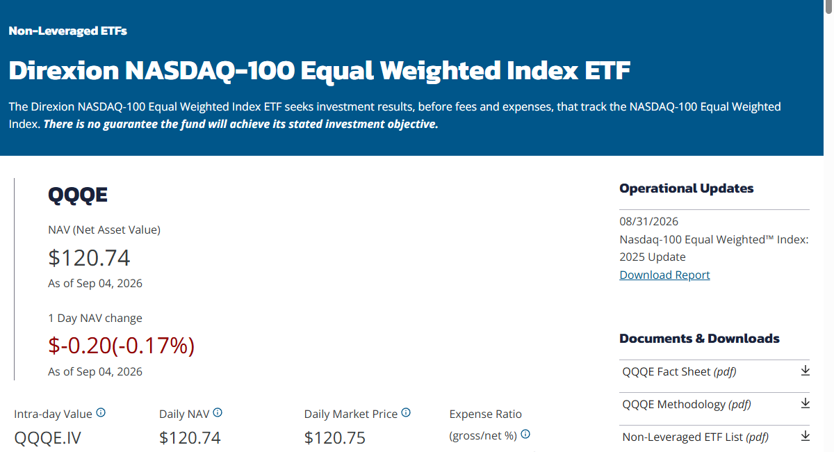 Direxion QQQE 产品页，显示基金目标和 Nasdaq-100 等权指数名称